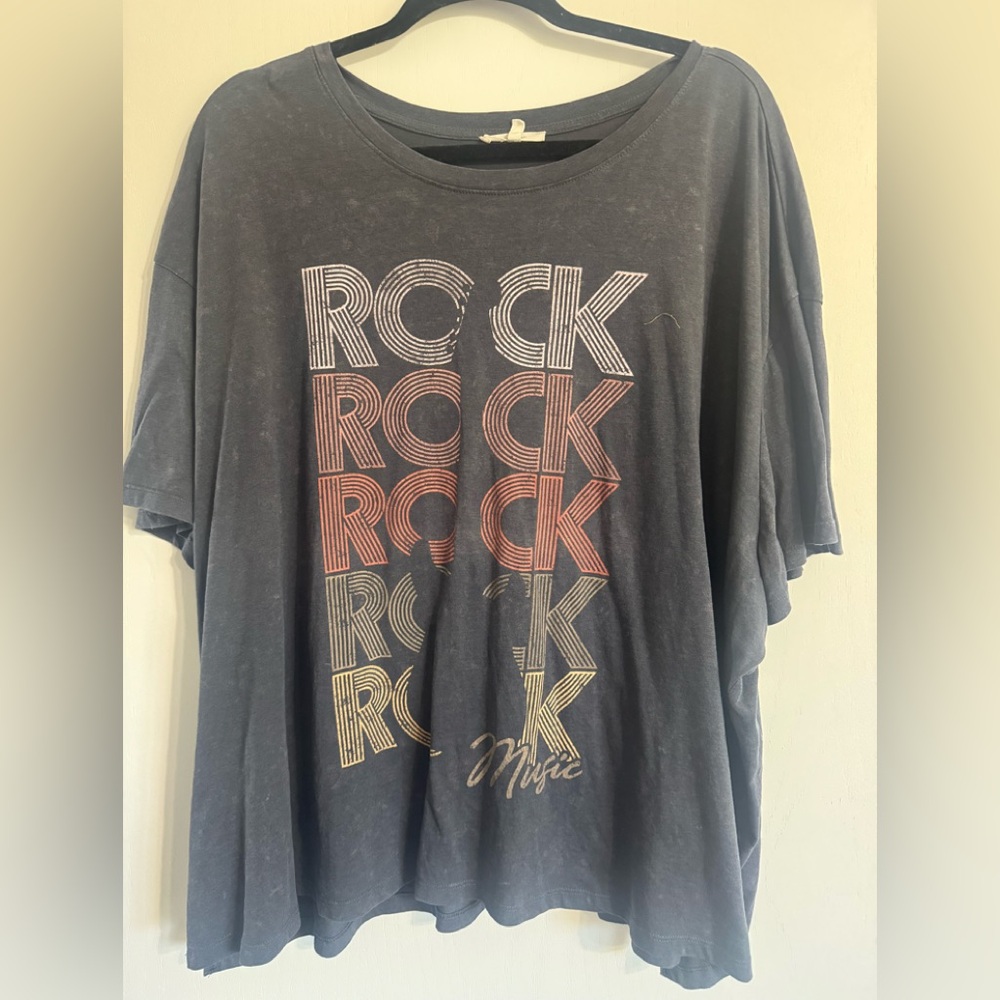 Maurices Black Short Sleeve "Rock" Graphic Tee with Red and Yellow Print
